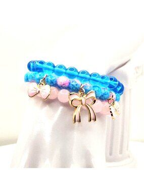 Pink Blue Bow Bracelet Set, Coquette Bracelet Stack, Girly Charm Bracelet Gift f